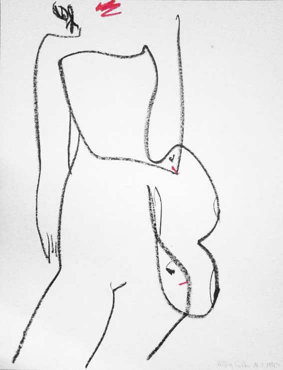 Aldona Gustas Mundfrauen Zeichnung, mit schwarzer Ölkreide auf weißem Papier gezeichnete Linien, die eine Frauenfigur andeuten