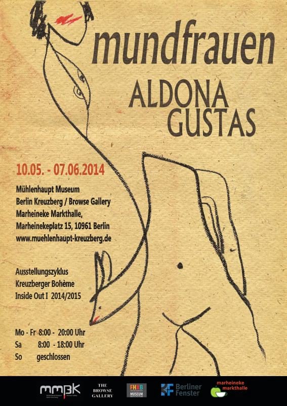 Austellungsposter mit Mundfrauen-Zeichnung und Schrift, Aldona Gustas, Browse Gallery 2014