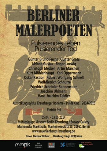 Ausstellungposter mit Holzschnitt im Hintergrund und Schrift zur Ankündigung der Ausstellung Berliner Malerpoeten, Browse Gallery 2014