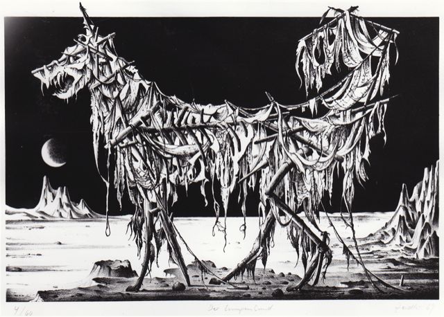 Schwarz-weiß Lithographie von Hans-Joachim Zeidler, ein in hängenden Fetzen gezeichneter Hund oder Wolf in einer surrealen Mondlandschaft