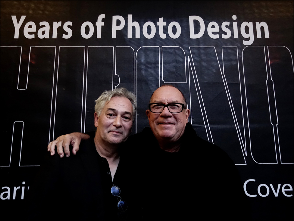 Creative Director Pink Floyd and founder of Hipgnosis, Aubrey Powell with John Colton, Director Browse Gallery, in front of the entrance to the exhibition. Photo: Jan Sobottka