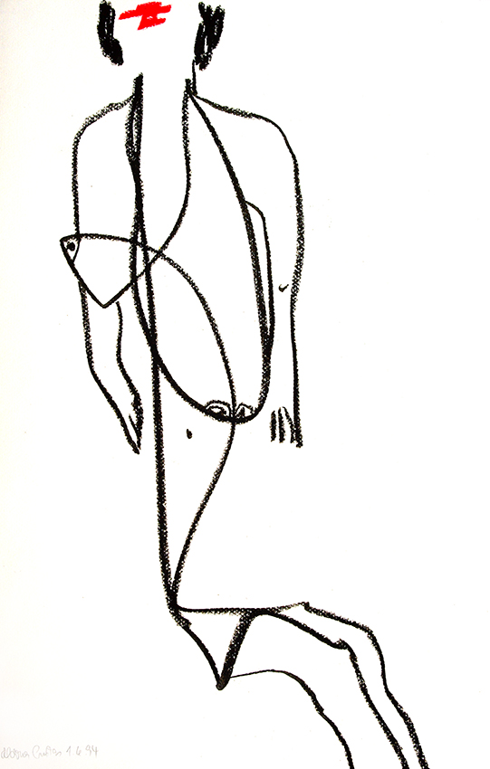 Aldona Gustas -Kohlezeichung aus der Reihe Mundfrauen, angedeutete Frauenfigur mit rotem Mund auf weißem Papier