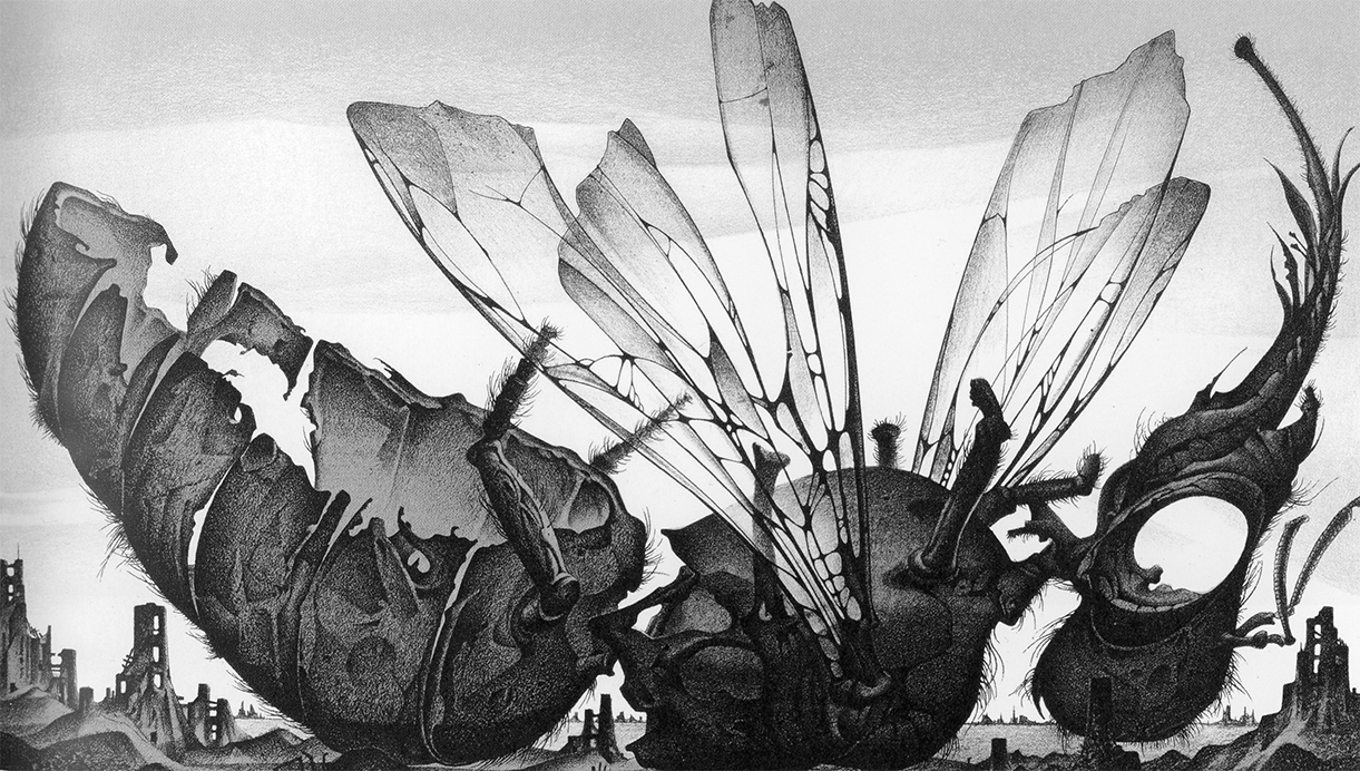 Schwarz-weiß Lithographie Hans-Joachim Zeidler 'Tote Biene' - eine große Biene die auf dem Rücken liegt, der Körper löchrig, zum Teil zersetzt, am Bildrand klein Häuserruinen